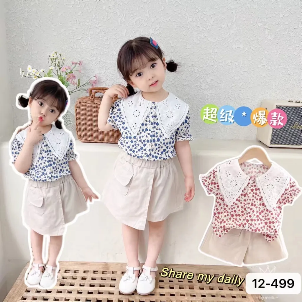 Setelan Kemeja Baju Anak Perempuan Lengan Pendek Usia 1-4 Tahun / Setelan Baju KAtun Anak Perempuan Import