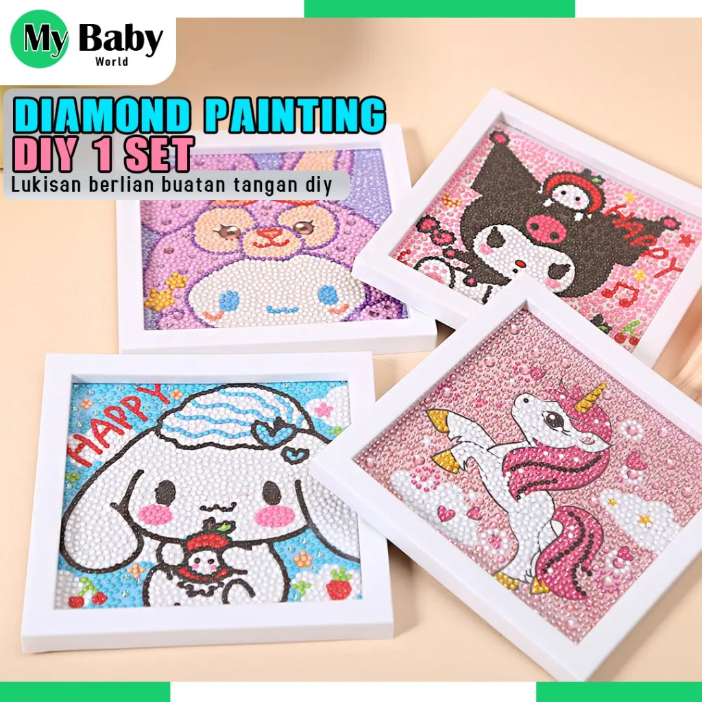 Diamond Painting Set dengan Bingkai Stiker Puzzle Mainan Edukasi DIY Gambar Anak 5D Diamond Painting Full Kit Set Berlian Bulat DIY Kreatif Dekorasi Kamar Anak Kuromi Cinnamoroll Lotso
