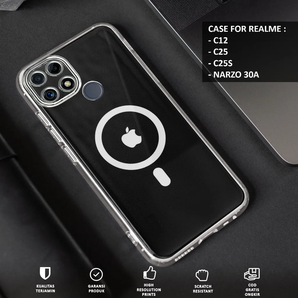 Case REALME C12 C25 C25S NARZO 30A - Casing Motif MAGSAFE - Softcase Premium Fourside - Bening Transparant - Silikon HP - Kesing - Cassing - Case Terbaru