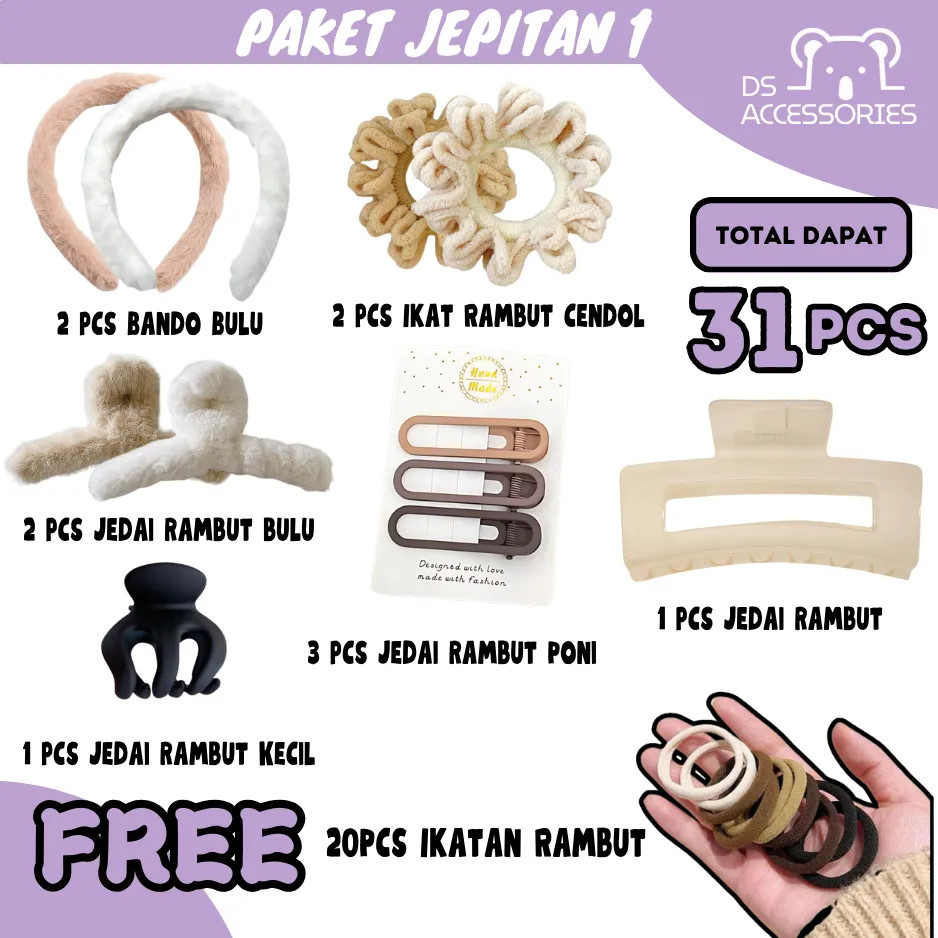 COD Paket 1 Jepit Rambut Korea Bando Bandana Wanita Jedai + Free ikat rambut 20pcs paket 31pcs