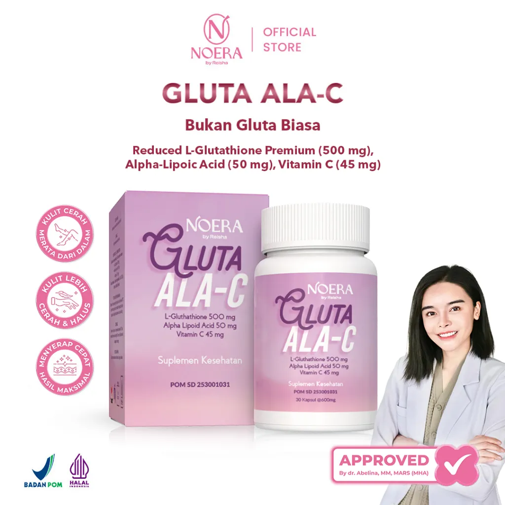 Noera Gluta ALA-C | Noera Suplement Whitening isi 30 Kapsul | Reduced L-Glutathione 500mg with Alpha Lipolic Acid 50mg Vitamin C 45mg | Whitening Booster Suplemen Kecantikan | Noera Whitening Capsule