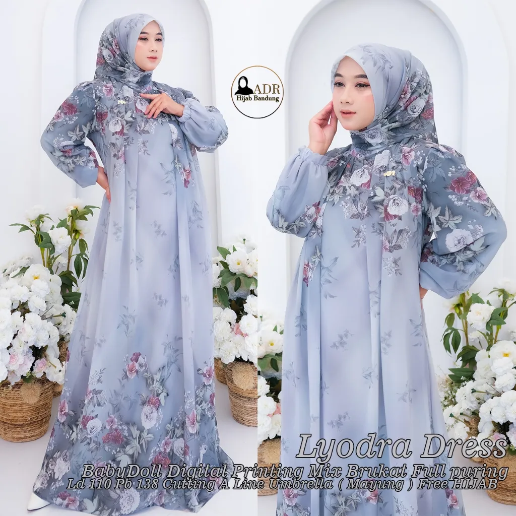 Dress Lyodra Gamis BabyDoll Digital Printing Full Furing dan Wudhu Free Hijab Muslim