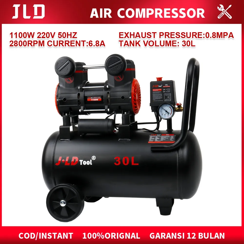 JLD Kompresor Angin 30L/10L Oiless Listrik 1100W Alat Tekanan Udara 220V Mesin Kompresor Angin Listrik Direct Compresso/Pompa Angin Multifungsi Portable Perbaikan Mobil/Gelembungan Ban