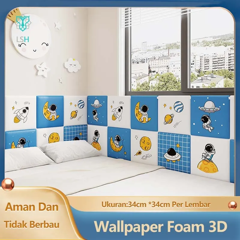 (UK:34x34CM Tebal : 8 mm) Wallpaper Dinding Kamar Tidur Anak / Wallpaper 3D Foam Aesthetic Tahan Air Stiker Dinding Headboard Bed Kedap Suara / Wall Sticker Dinding Walpaper Busa Dinding / Stiker Dinding karakter astronot gitu