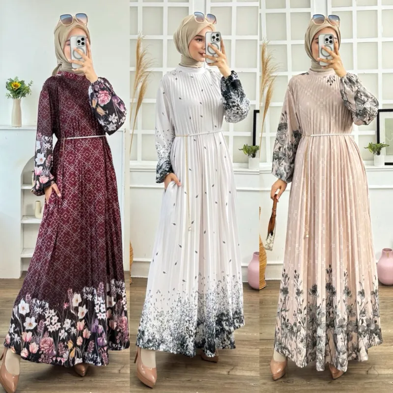 GAMIS PLISKET LEBARAN 2026 MOTIF PRINTING TERBARU BUNGA FLORAL LEBARAN MEWAH SAMAAN IDUL FITRI 2026
