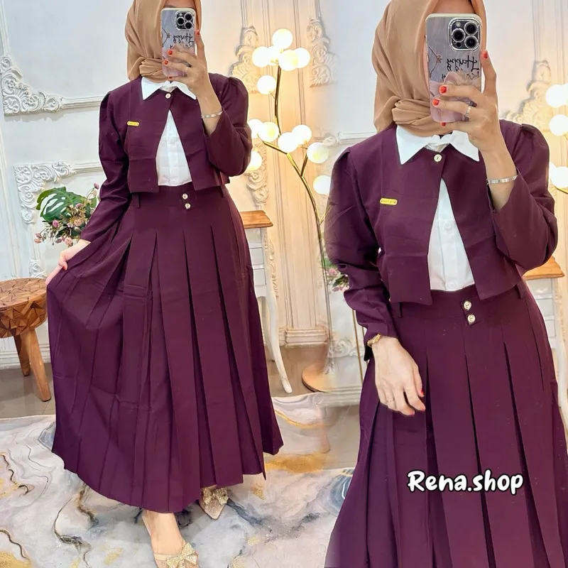 Oneset rok blazer 3in1 inner pololinen nyaman Formal Kancing Muslim Mewah Outer atasan Wanita Dewasa Panjang