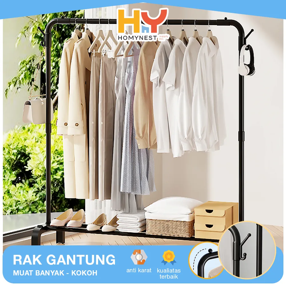 HOMYNEST Stand Hanger Berdiri Rak Pengering Jemuran Baju Besi Kokoh Rak Gantung Gawangan Pakaian 2 Layer Serbaguna