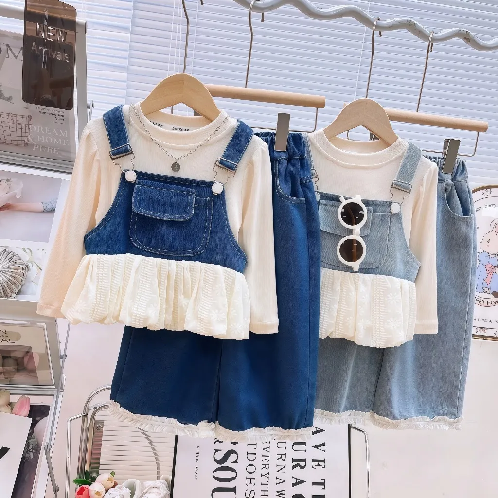 KFCAT Setel Denim 3pcs Anak Perempuan Lucu Korean Style, Bahan Katun Adem, Usia 1-6Thn, Best Seller