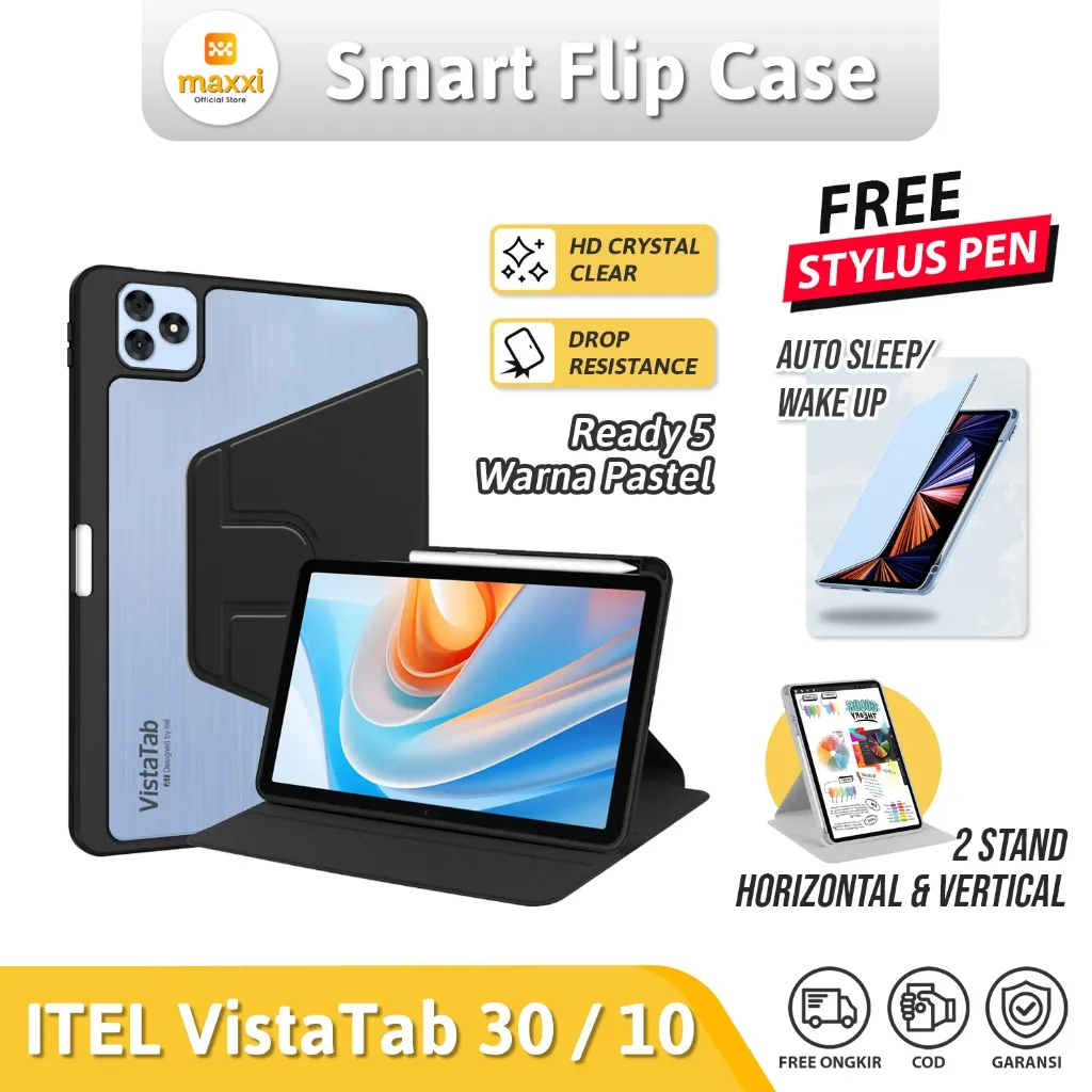 Case ITEL VistaTab 30 VIsta Tab 10 Flipcase Acrylic Casing Rotate 360 Cover Slot Pen Kesing Putar Akrilik Clear Transparent Bonus Stylus Sticker Aesthetic