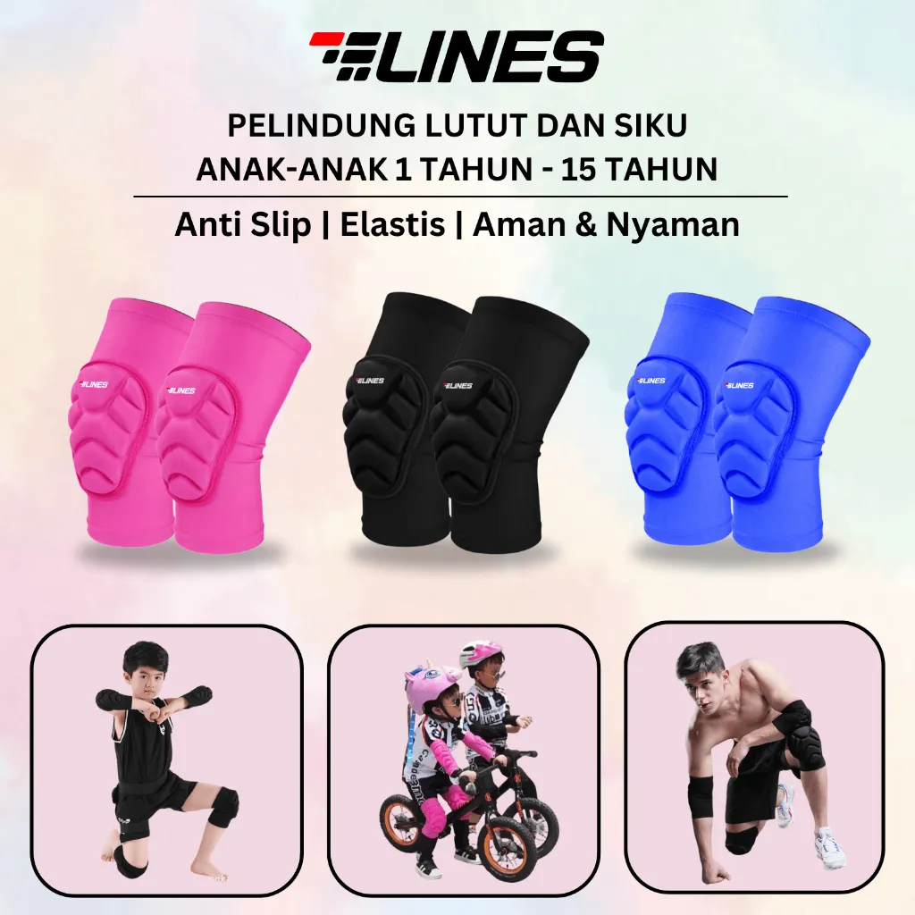 Deker LINES Lutut dan Siku Anti Slip - Pelindung Lutut Anak Warna Pink & Hitam Bahan kain | Nyaman Dipakai untuk Sepeda, Pushbike, Inline Skate, dan Aktivitas Outdoor