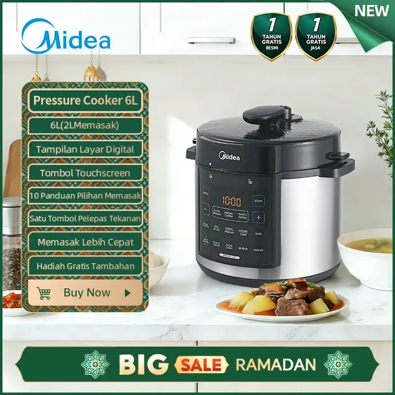 [Kipas angin gratis]  Midea 550w 6L ( 2L Memasak) Digital Pressure Cooker Low Watt MY-E628W