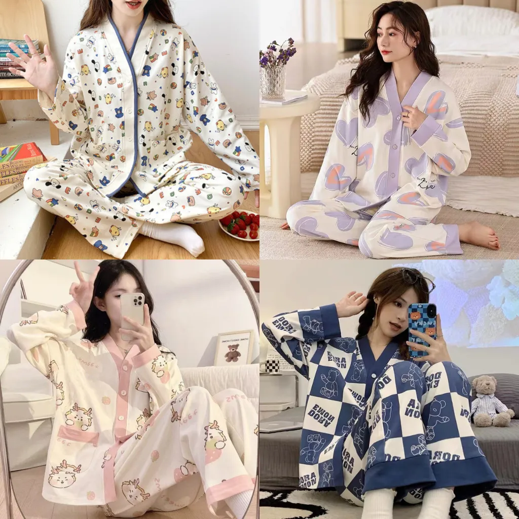 Piyama Import Baju Tidur Wanita Piyama Lengan Panjang Hotpant Kerah Size L/XXL