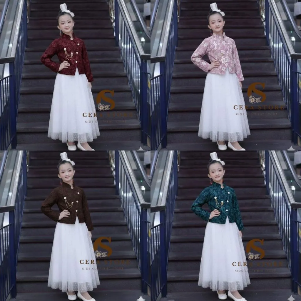 CERRAcolletion-MIKAYA setrok usia 3-14 tahun viral fukuro jacquard flower blouse emboss korean look-rok tutu premium