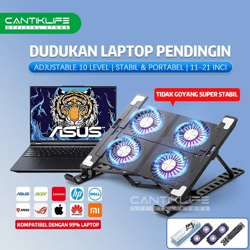 Cantiklife Stand Pendingin Laptop Profesional Untuk Kerja Belajar Kantor Support Gaming Cooling Pad Laptop 2/4 Kipas Lipat Portabel 10 Level Adjustable Kuat Stabil 11–21 Inch