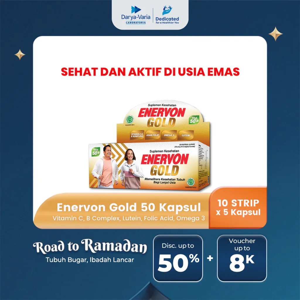 Enervon Gold Vitamin C, B Complex, Omega 3 Isi 50 Tablet (10 Strip x 5 Tablet) - Suplemen Multivitamin Daya Tahan Tubuh Lansia 50+ Tahun