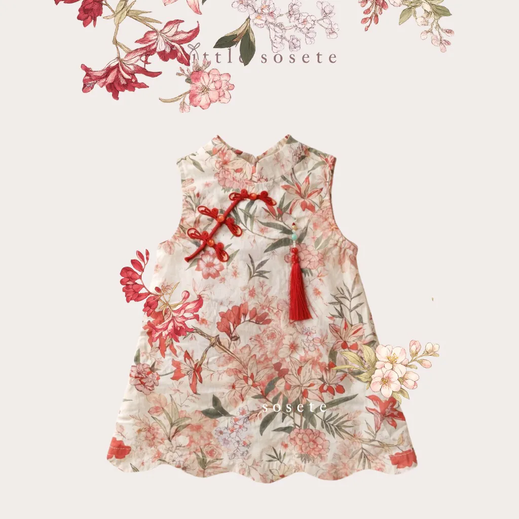 Little Sosete - Dress Imlek Qipao Cheongsam Anak Perempuan dengan Kancing Cheongsam / Dress anak sincia / Dress Motif Bunga Dengan kancing Shanghai Mewah Bahan Katun