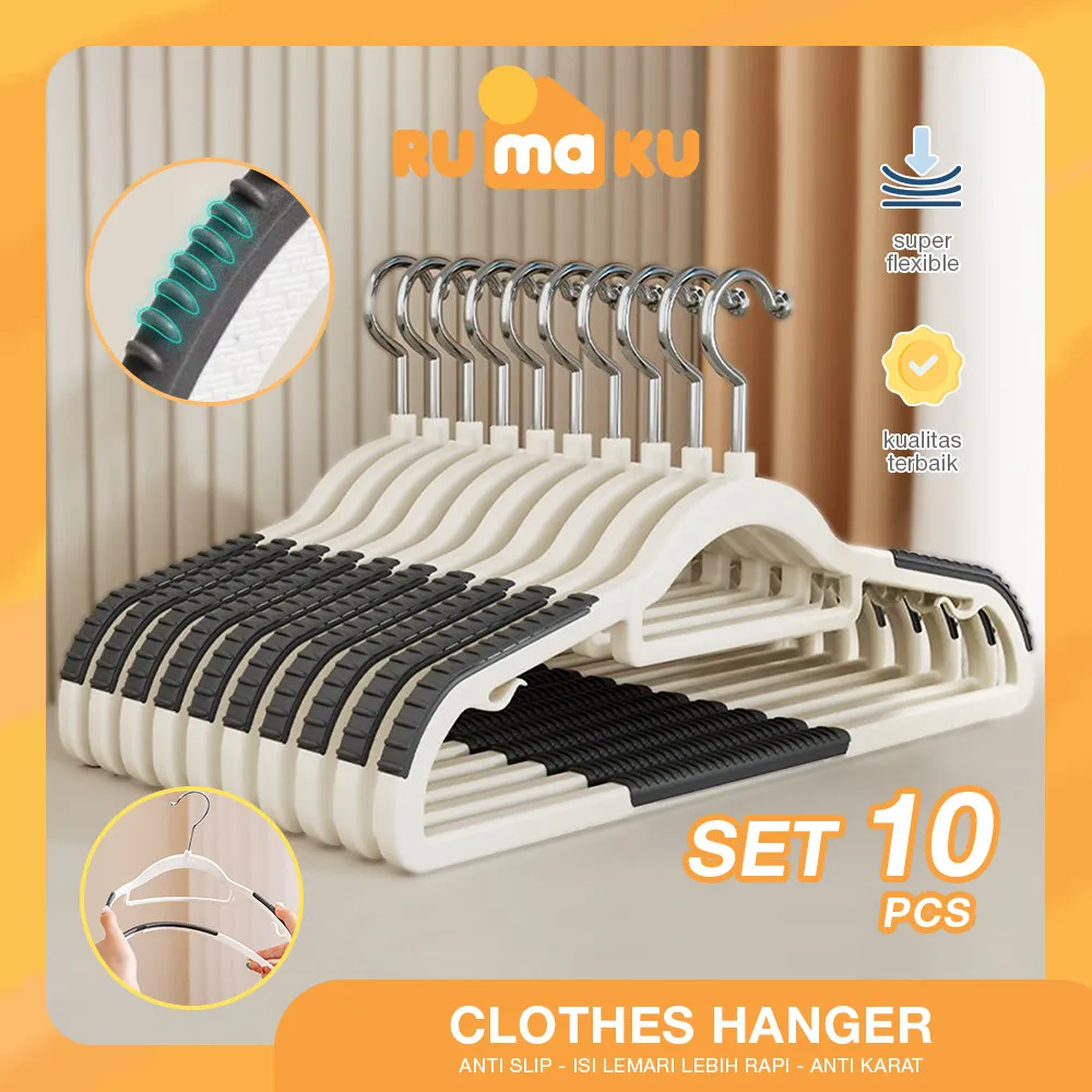 Rumaku Hanger 10 Pcs Gantungan Baju Plastik Kokoh dengan Karet Anti Slip