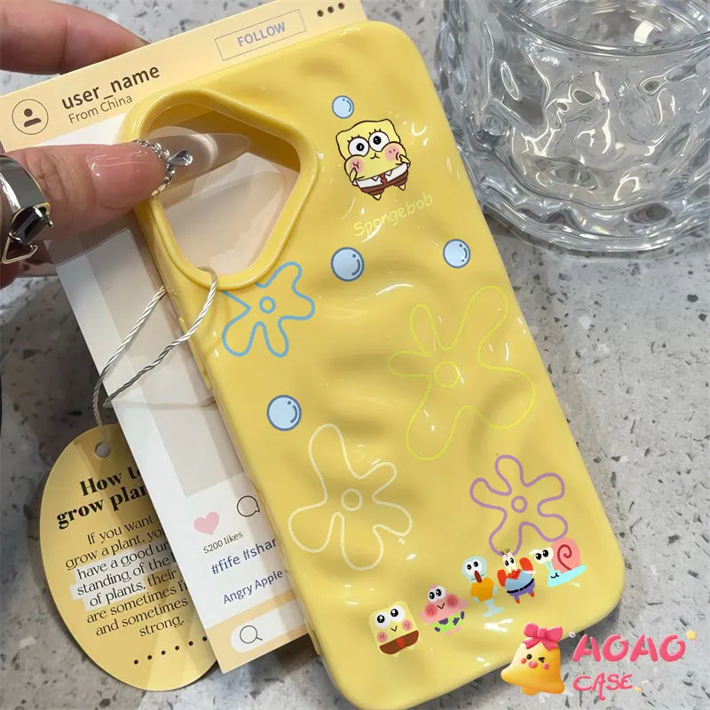 Case HP Untuk IPhone 15 13 16 11 14 12 Pro Max 15 16 14 Plus 13 15 16 12 14 Pro Fashion Kartun Lucu SpongeBob SquarePants Gelombang Ruffle Air Mengkilap Soft Cover