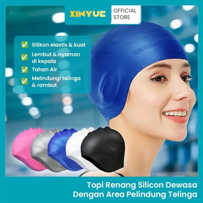 XinYue-Topi Renang Silikon Dengan Pelindung Telinga Unisex Ear Cover Swimming Cap Diving Dewasa Hitam