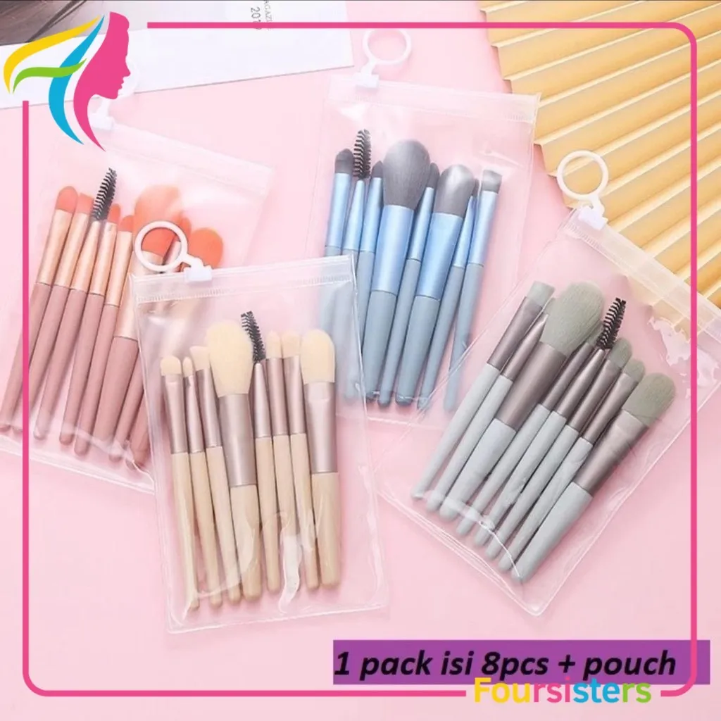 [FS] 1Set Kuas Make Up 8Pcs + Pouch Kuas Set Make Up 8pcs Set Mini Travel Blush
