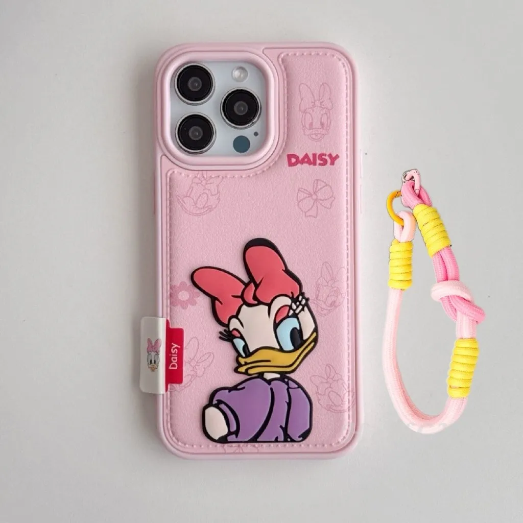 Suitable for trendy brand new iPhone 16 Promax phone case, high-end and niche cute Minnie Apple 15 Pro protective case, 14 13 ProMAX Donald Duck 17Pro couple leather lanyard case