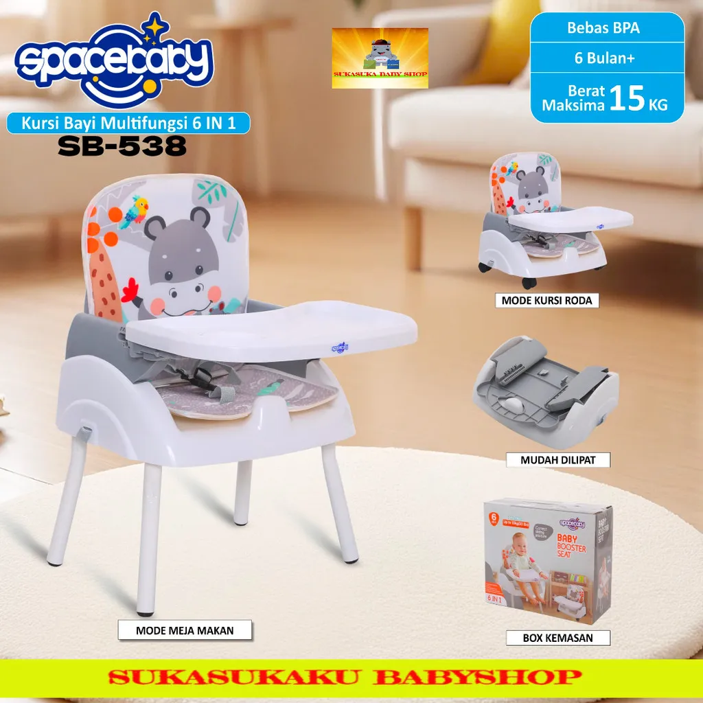 Booster Kursi Makan Bayi SPACEBABY SB 538 Balita Anak Folding Seat Chair baby dengan Sabuk Pengaman & Tempat Botol MinumBebas BPA