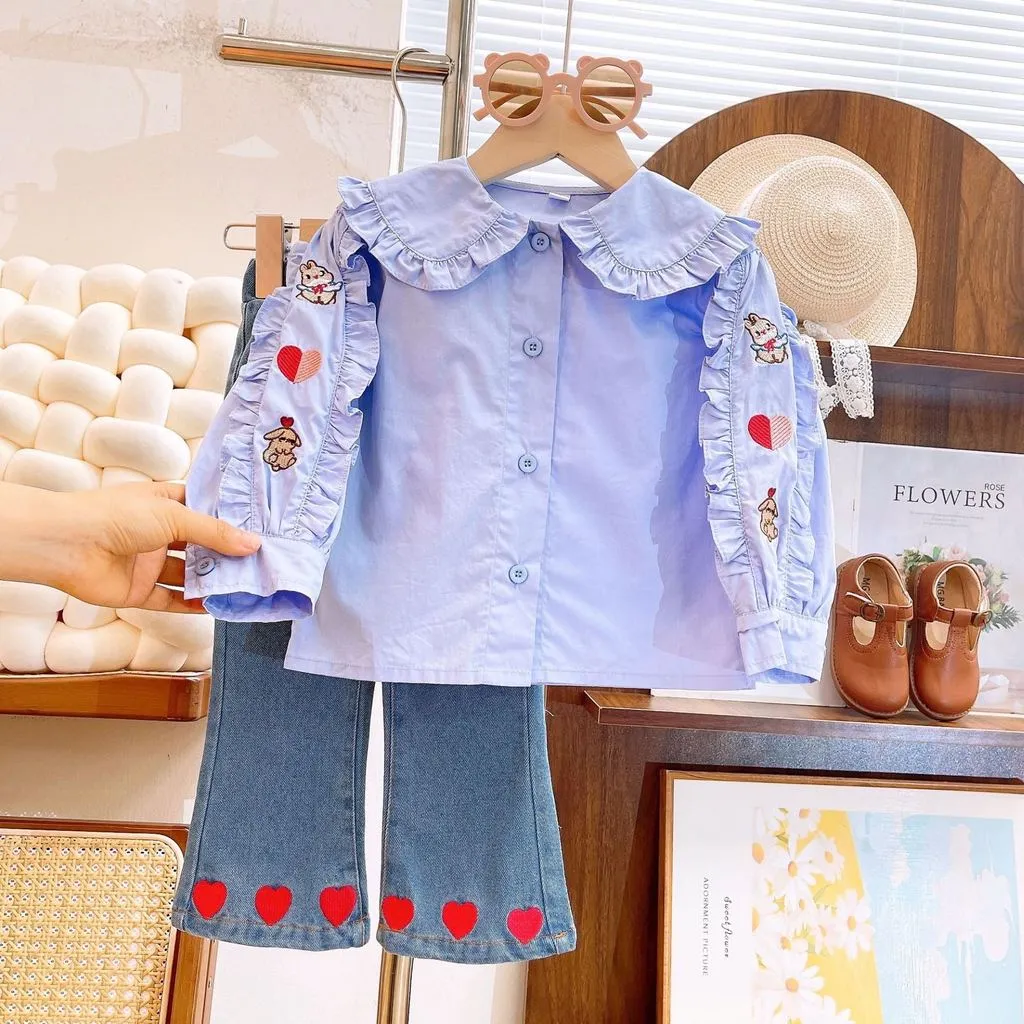 [363729] - BABYHOKI STORE Setelan ONESET 2in1 Baju Blouse Ruffles Lengan Panjang Celana Jeans Panjang Fashion Anak Perempuan - Motif Little Heart