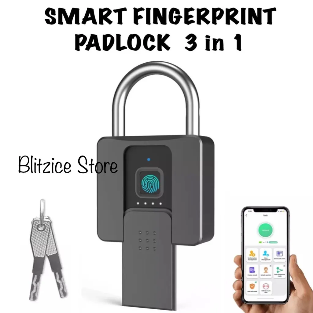 Fingerprint Padlock Key 3 in 1 Gembok Sidik Jari Kunci Smart Lock