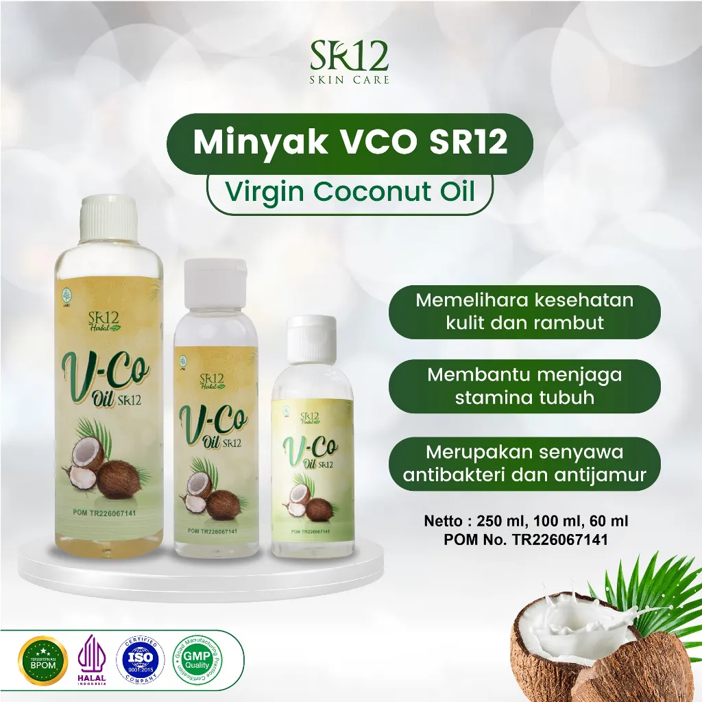VCO OIL SR12 Herbal Minyak Kelapa Murni Original - Minyak VCO Alami Untuk Tingkatkan Imun, Kesehatan, Kecantikan, Perawatan Kulit & Rambut - Extra Virgin Coconut Oil Tinggi Asam Laurat Untuk Ibu Menyusui & ASI Booster - VCO BPOM Halal - Minyak Klentik