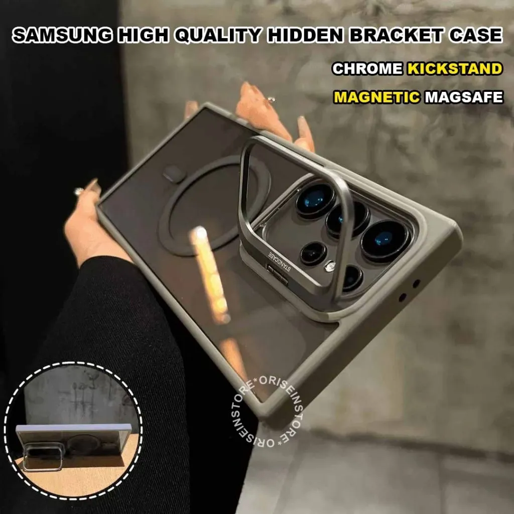 Hollow Case - Clear Case Magsafe Metal Lens Holder Protective - Hardcase/Casing Hp Compatible For Samsung Galaxy S24 S23 ULTRA PLUS/S24 S23 FE S24 S25 Premium Matte KickStand Casing Acrylic Transparant Full Cover Magsafe Magnetic Pelindung Handphone SAM07