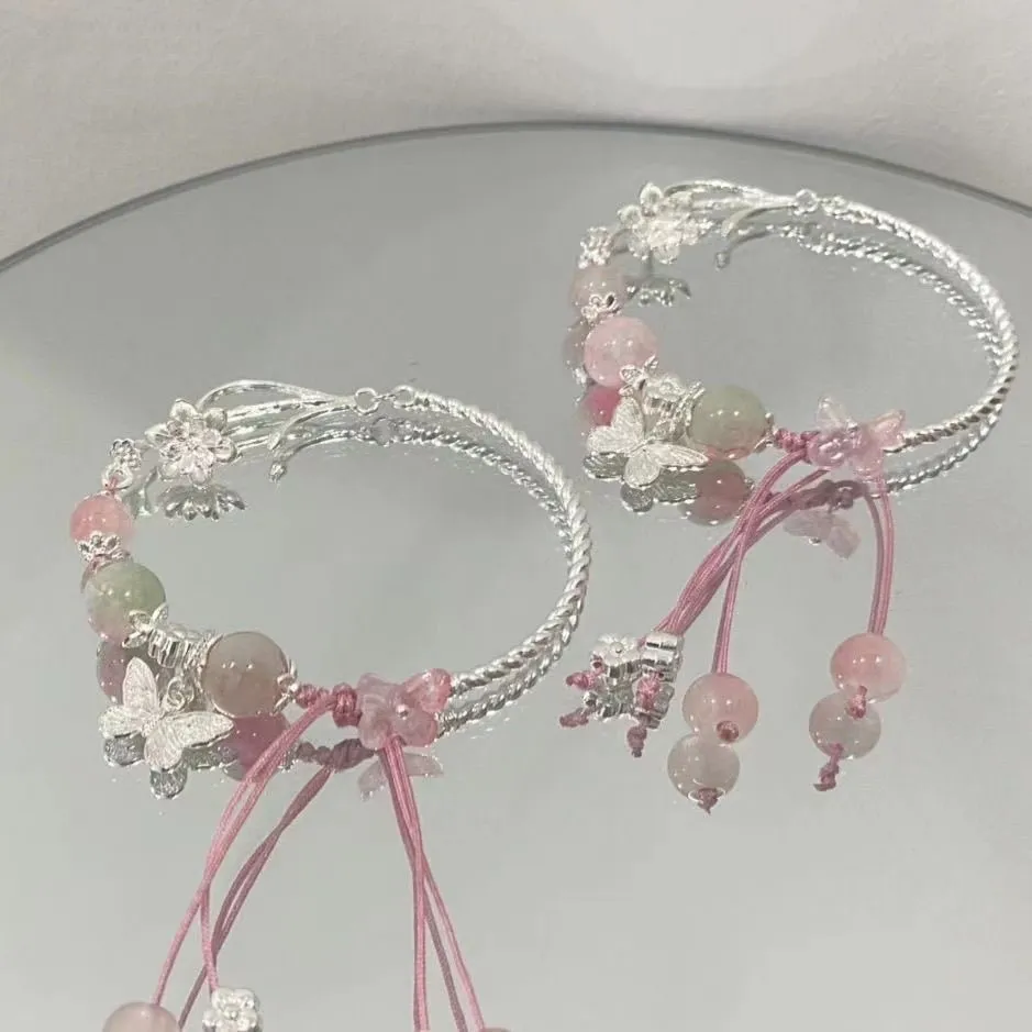 Gelang Hanami Butterfly Kupukupu Blossom Manik Kristal Gaya Korea - Perhiasan Tangan Elegan untuk Remaja & Mahasiswa