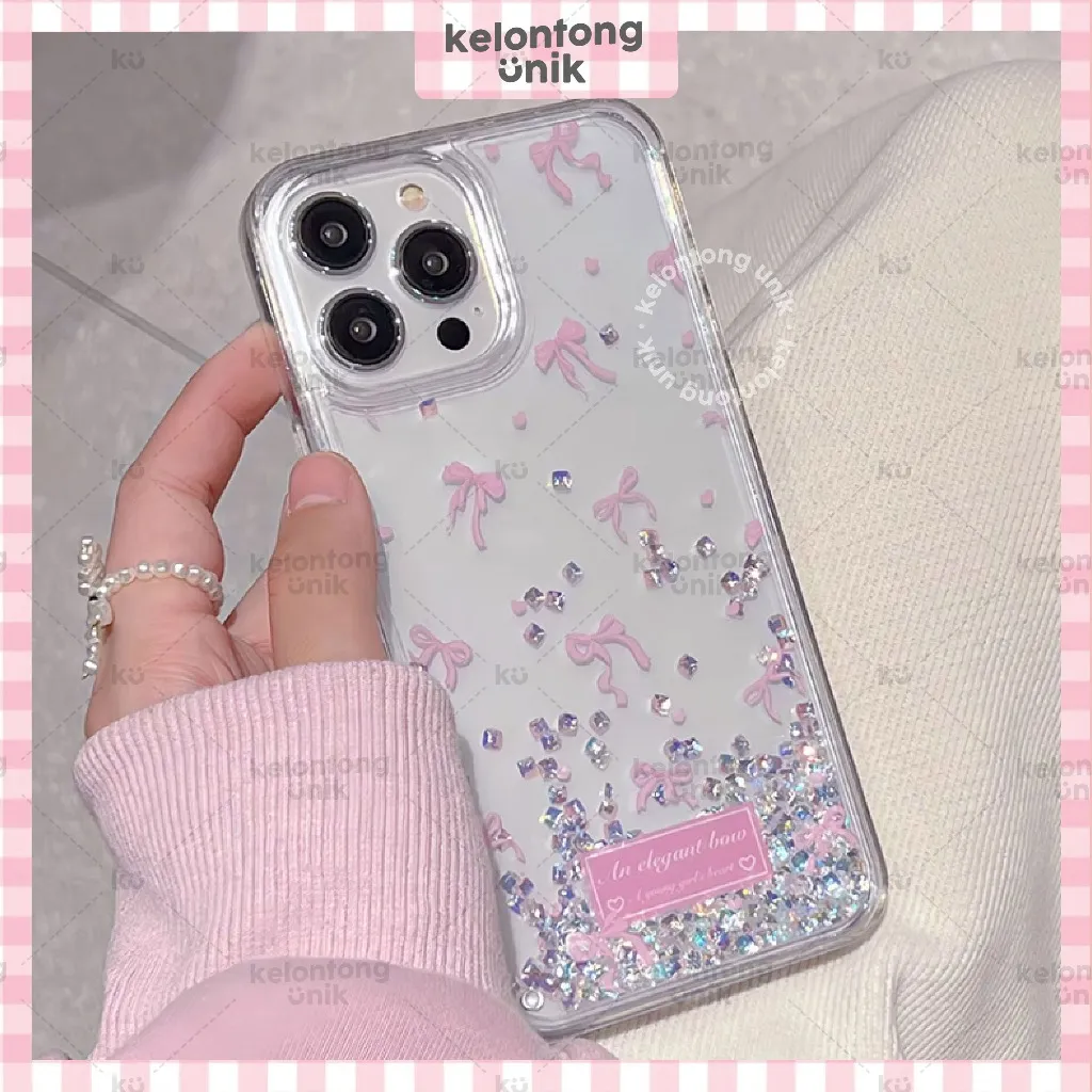 KELONTONG UNIK | TIANNA Water Pink Coquette Acrylic Case Ribbon Rhinestones Quicksand - Hardcase/ Casing HP for iPhone X XS XR XSMAX 11 12 13 14 15 16 17 PRO PROMAX PLUS ,CIAN