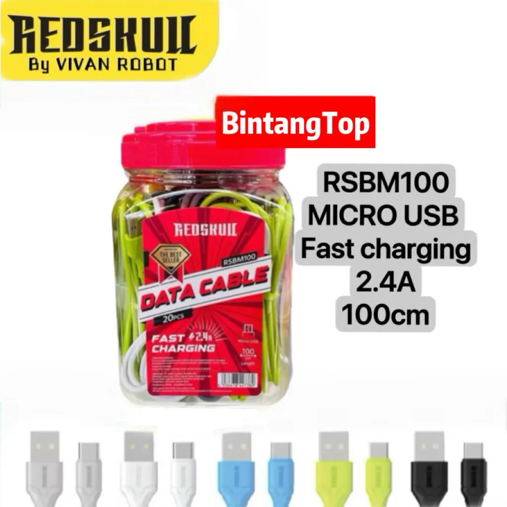 REDSKULL RSBM100 , RSBC100 (1 toples isi 20) / kabel data redskull RSBM100 MICRO USB 2.4A  , RSBC100 TYPE C 3A fast charging panjang 100cm GARANSI RESMI 1tahun (1 toples isi 20)