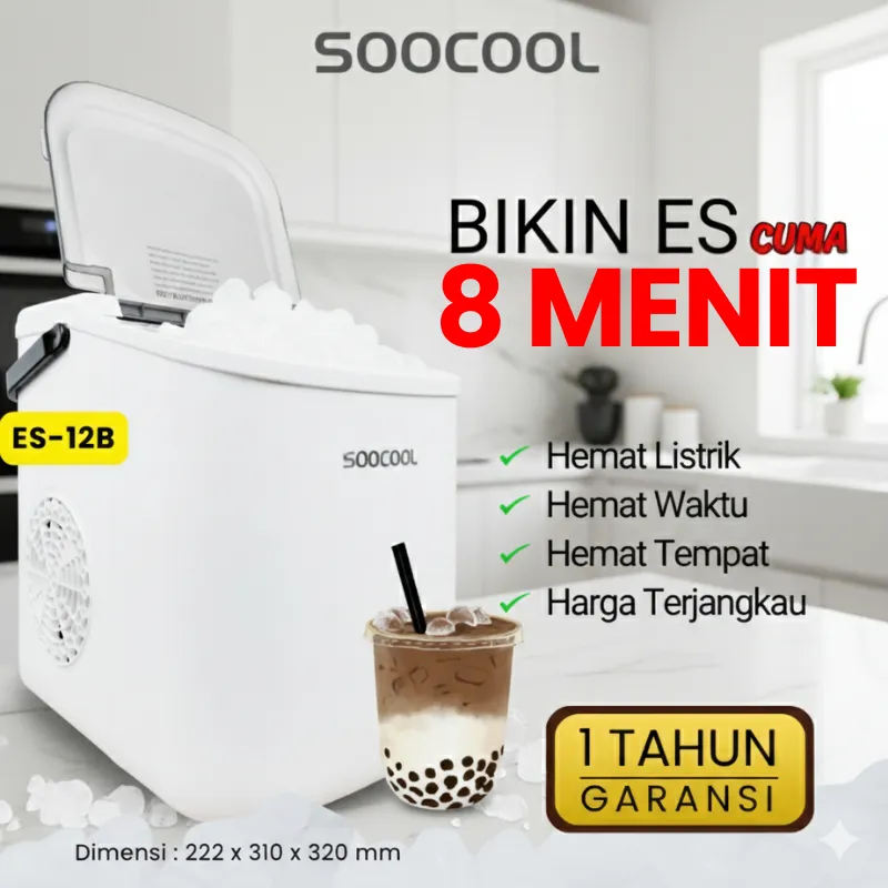 SOOCOOL Mesin Es Ice Maker 24 Jam Pembuat Es 12kg, per 8 Menit Mesin Es Batu