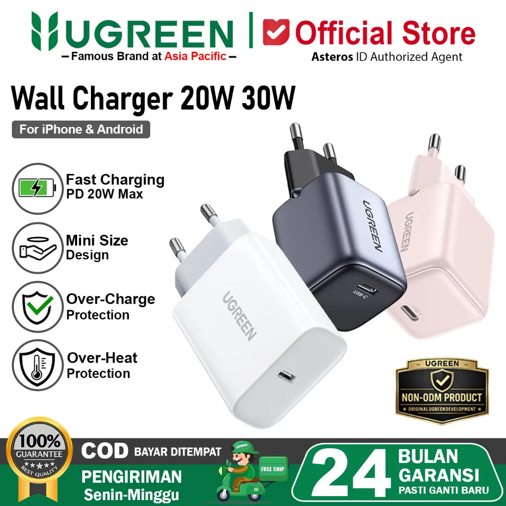 UGREEN Adaptor Kepala Charger iPhone 17 16 15 14 13 12 11 Type C PD Fast Charging 20W 30W 45W