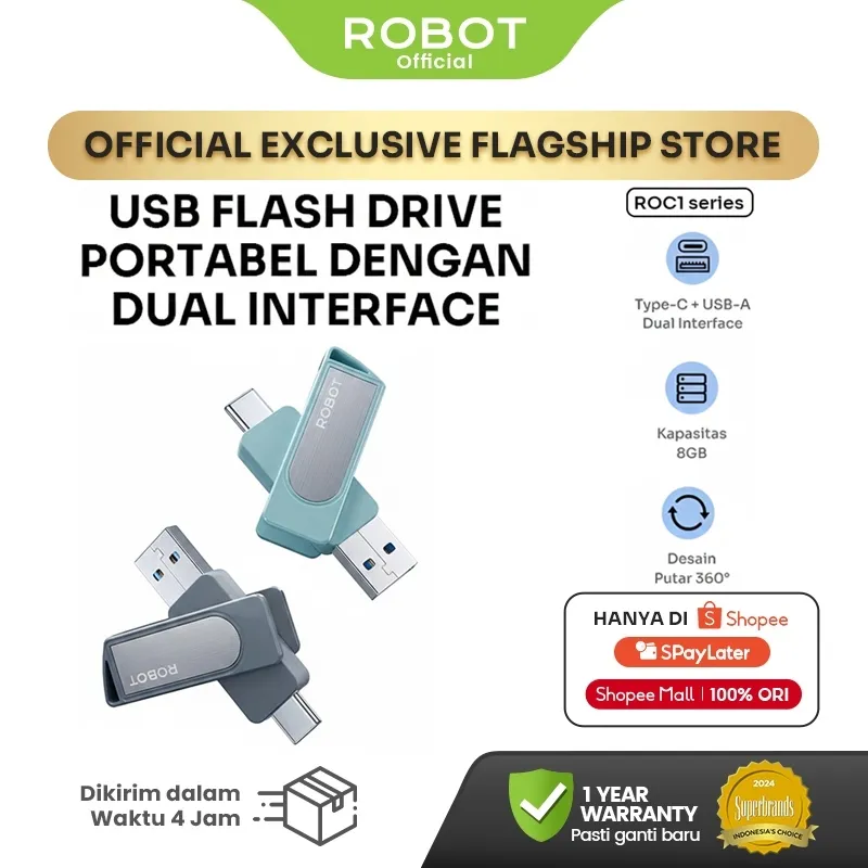 ROBOT U-Disk Flashdisk Kapasitas 64GB Type-C High Speed Penyimpanan Iphone Android Komputer Flash Drive Logam USB ROC108/ROC116/ROC132/ROC164 Original Garansi 1 Tahun
