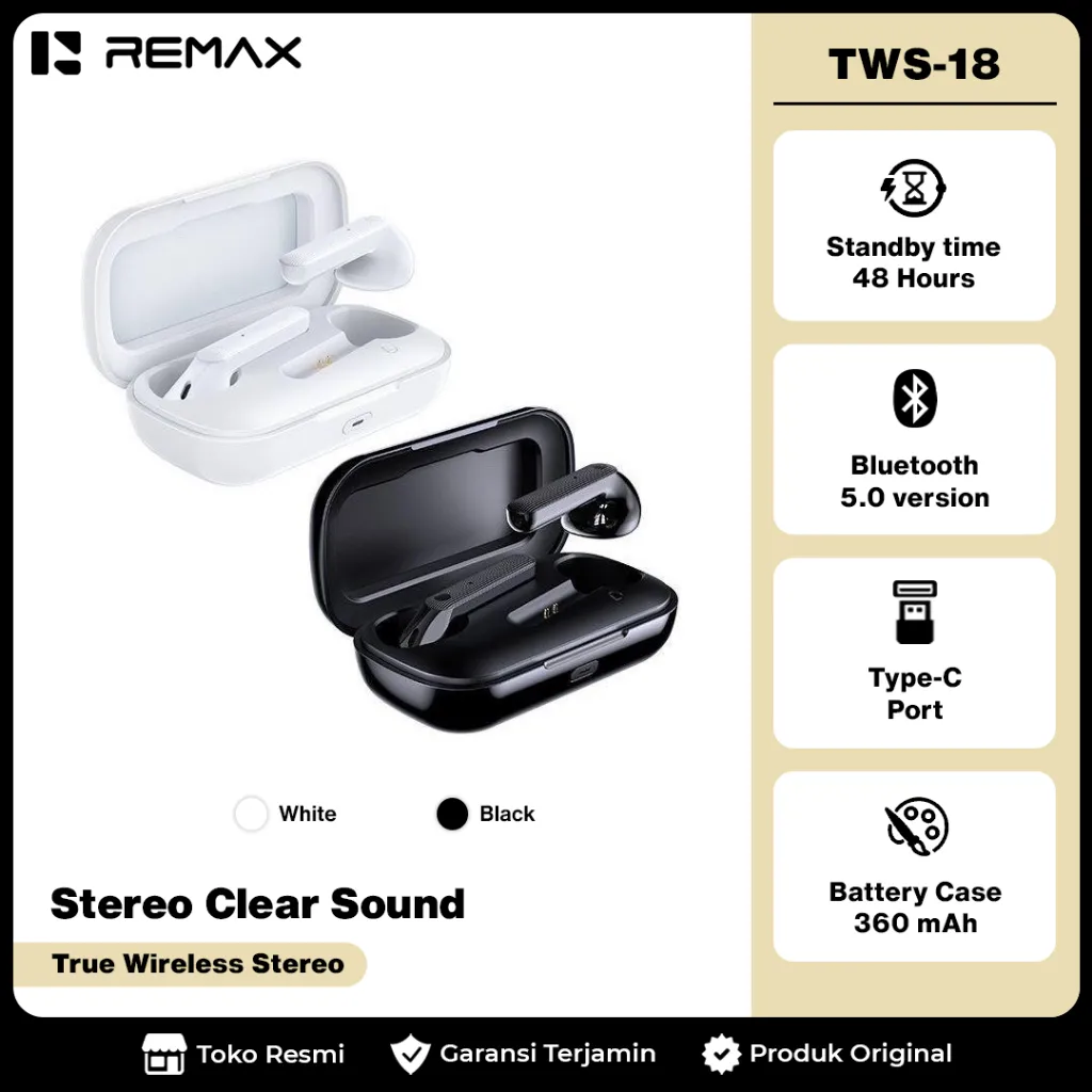 Remax True Wireless Stereo 5,0 Bluetooth Version Stand by 48H TWS-18