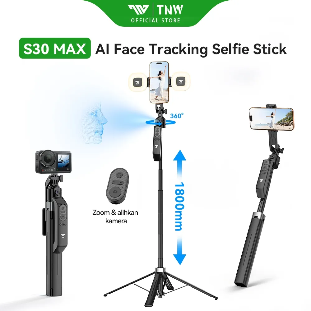 TNW S30Max Tongsis Tripod AI Face Tracking Gimbal Rotasi 360° Selfie Stick Bluetooth Gimbal Stabilizer