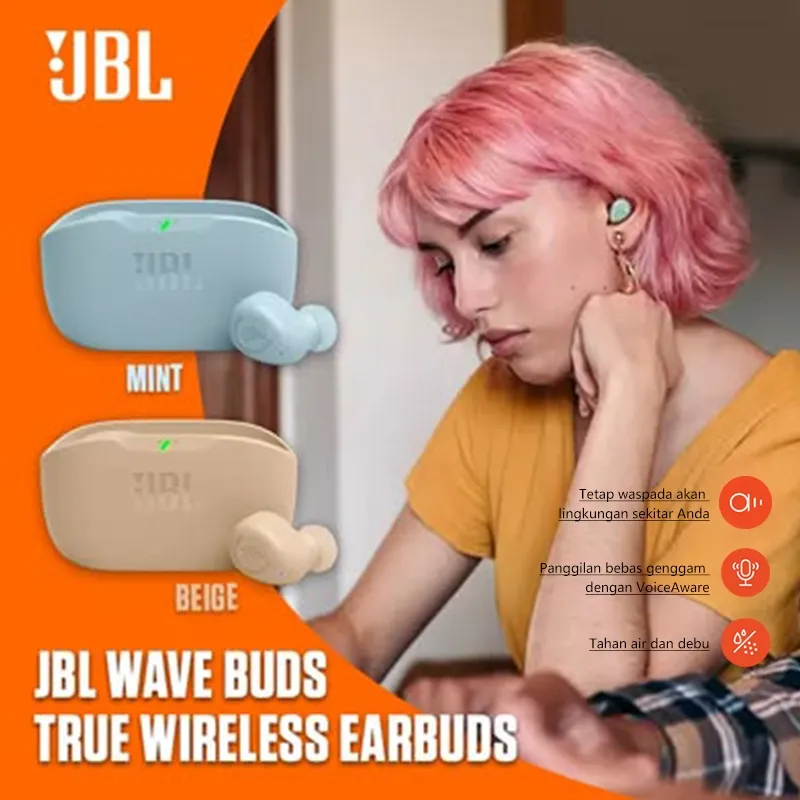 Headset JBL Wave Buds In-Ear True Wireless Earbuds JBL Deep Bass sound Menghadirkan Suara Yang Luar Biasa Bass Yang Dalam with Charging Case IP54 and IPX2 Waterproofing 32-Hour Battery Life Earphone Bluetooth