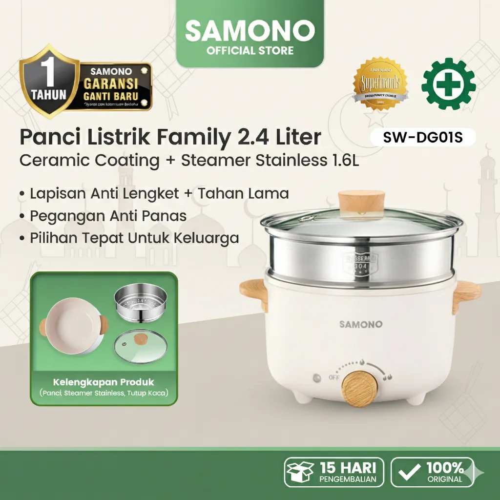 SAMONO Panci Listrik 2.4L Anti Lengket panci listrik multifungsi 3 in 1 steamer kukusan panci kukus kukusan listrik low watt panci listrik anti lengket SW-DG01S