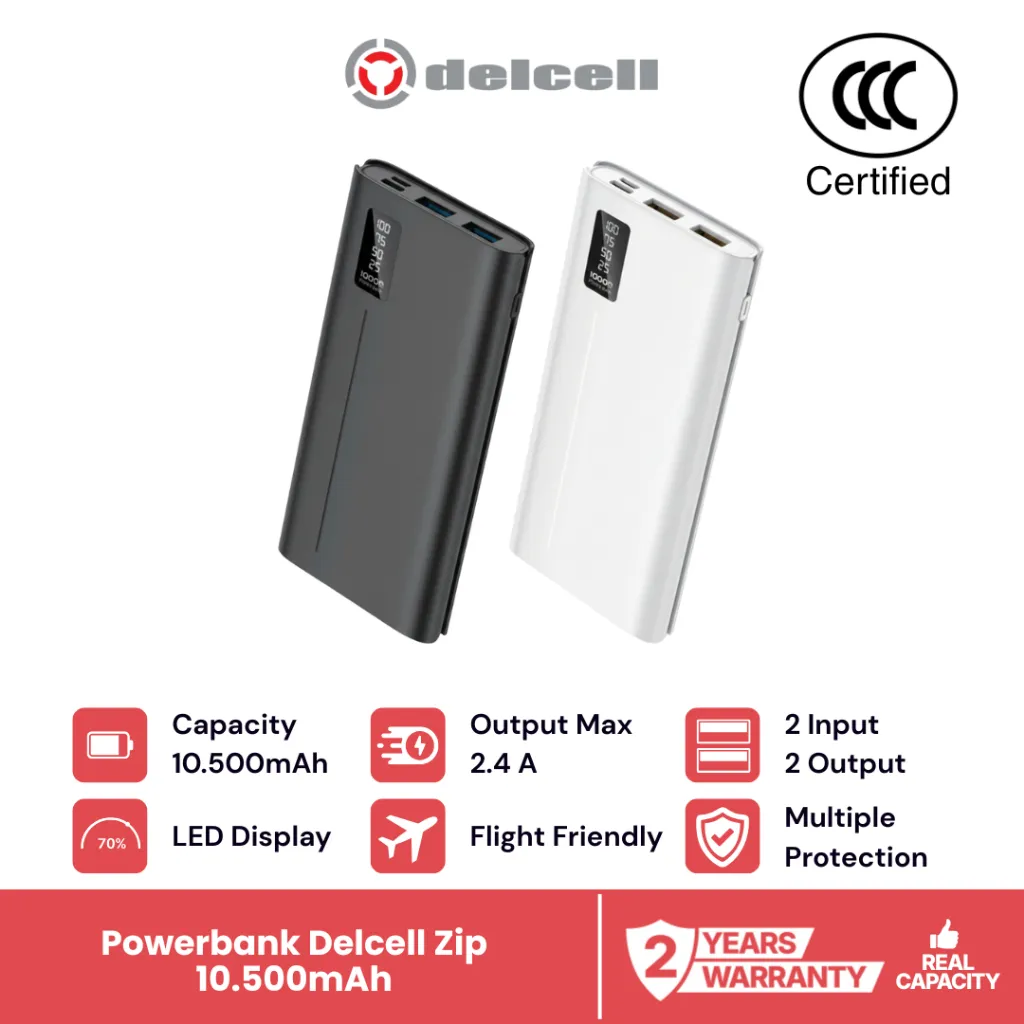 Delcell (Sertifikat CCC)  Powerbank  ZIP 10500mAh Smart Charging 2.4A  LED Display Garansi 2 Tahun