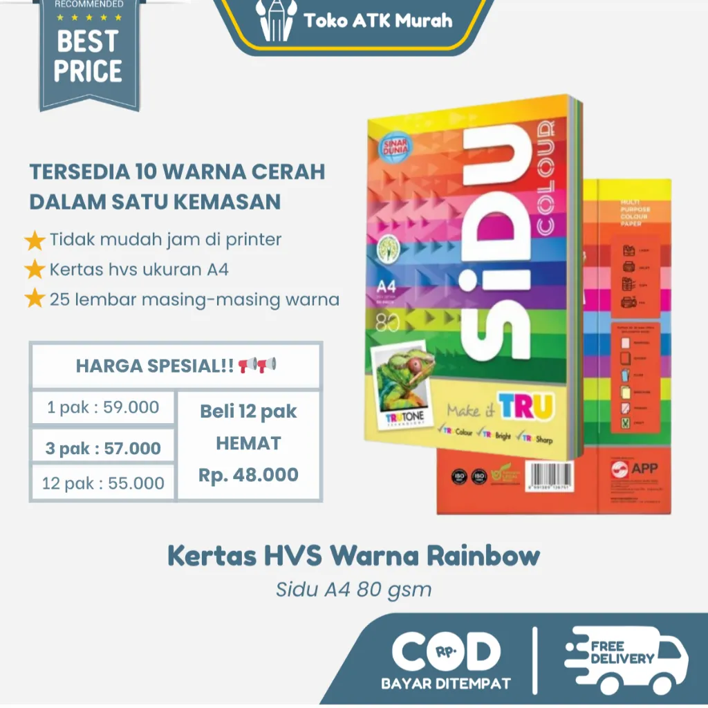 Kertas HVS Warna Sidu Rainbow A4 80 Gram Sinar Dunia – 1 Pak 250 Lembar | 10 Warna