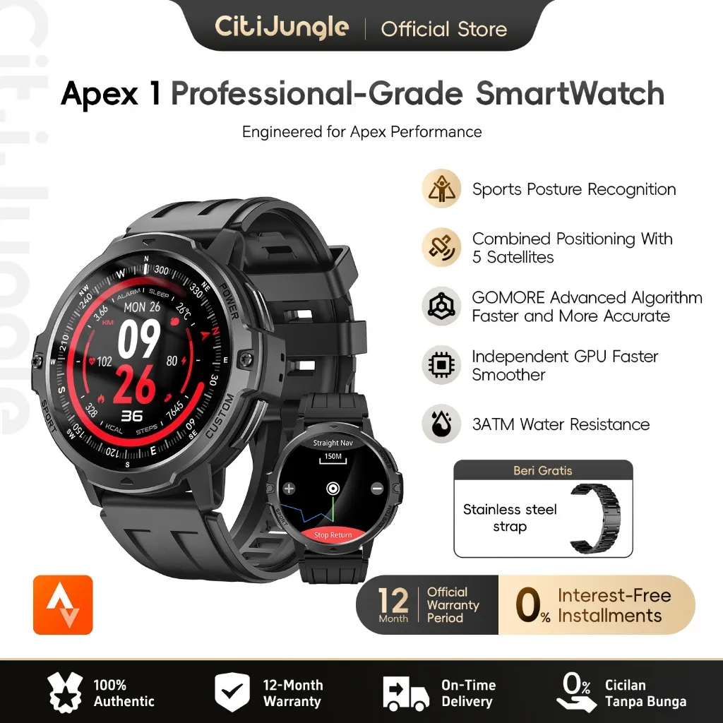 [Gratis Tali Cadangan] Citijungle Apex 1 Smartwatch GPS Layar 1.46” HD & GPU Cepat | Responsif, Kompas, Monitor Tekanan Udara & Kesehatan | Tahan Air 3ATM | Untuk Pria & Wanita