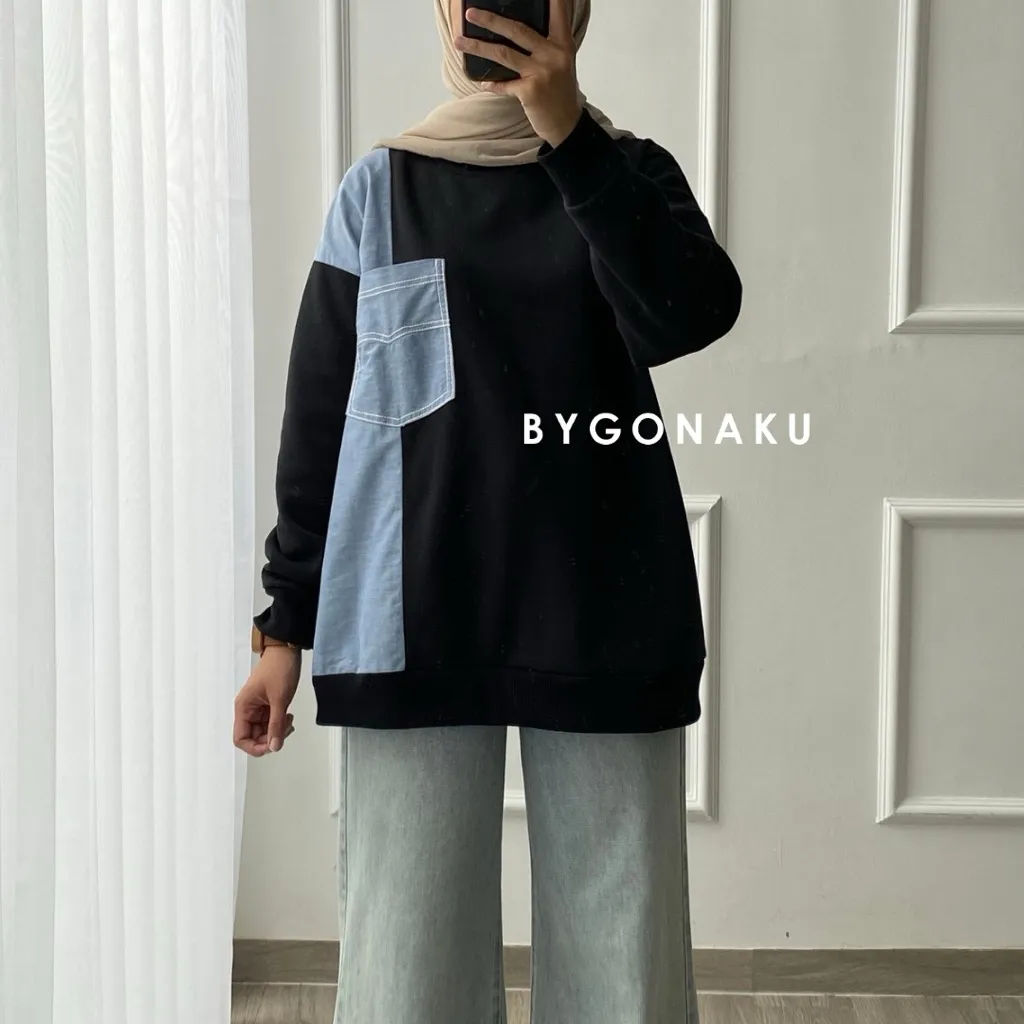 [GONAKU] Bonny Basic Sweater Combi Oversized Stripes Bigsize | Sweatshirt Knit | Atasan Wanita Lengan Panjang | Korean Style