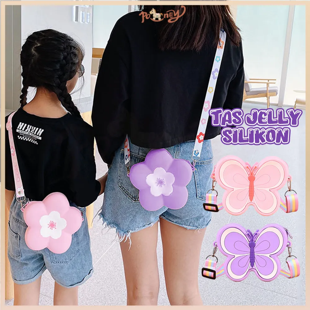 ​​Poney​​ Tas Selempang Bunga Anak Dompet Koin Cartoon Silicone Wanita Purse