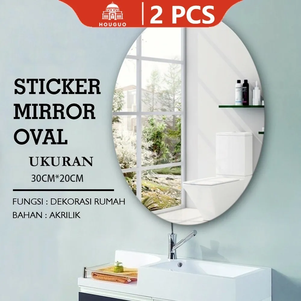 HOUGUO 2 PCS Sticker Cermin Stiker Dinding Kaca Acrylic Sudah Dengan Perekat Wallpaper Mirror Kamar Mandi