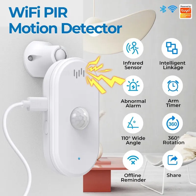 SMATRUL Alarm Sensor Gerak Anti Maling Tuya Smart Wifi Pir Motion Sensor Usb Home Security System Detector Alarm App Remote Control Timing Arming | 2.022.0358 | HWGY002-W-WIF-BLU