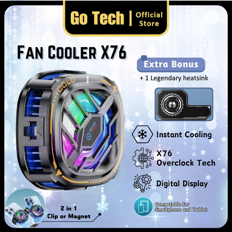 Go Tech - Funcooler X76 Pendingin HP Fan Cooler X76 Tablet Cooling Fan X76 Tablet Clip or Magnetic Cooling Fan for Gaming PUBG MLBB Fan Cooler Smartphone X76 Radiator Pendingin Smartphone & Tablet GT