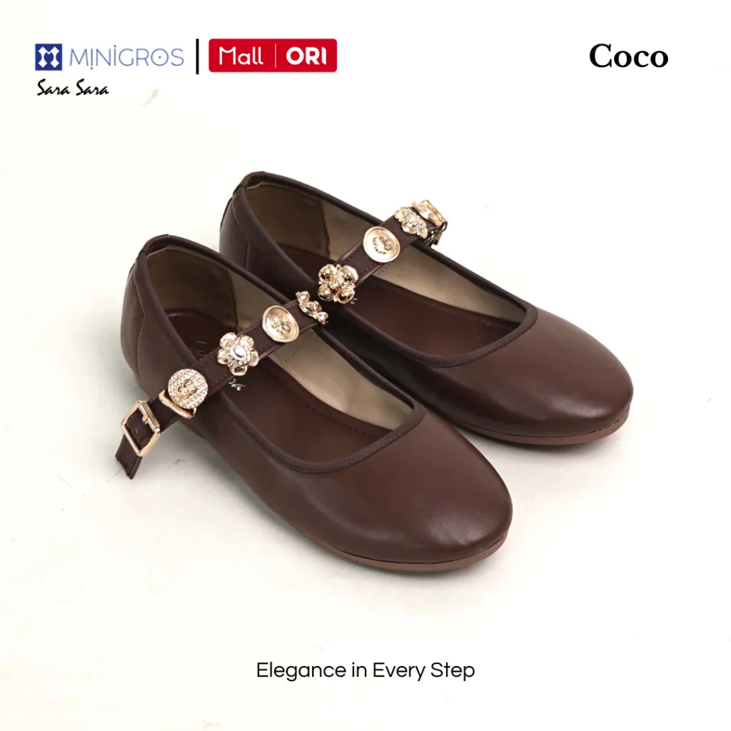 Sara Sara Coco Sepatu Flat Shoes Mary Jane Tali Kristal Mewah Wanita Dewasa