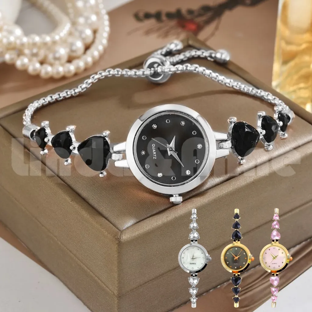L&A Jam Tangan Serut Adjustable Elegan Jam Tangan Gelang Permata Hati Women Watches